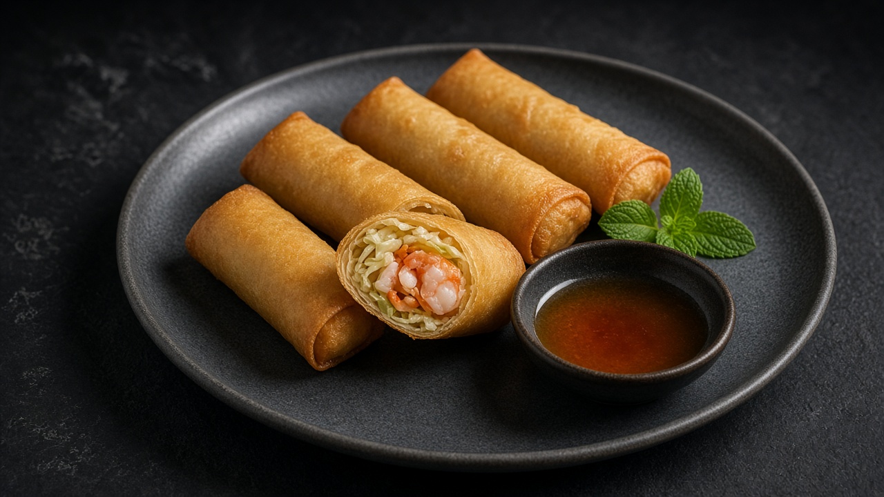 Crisp golden spring rolls on a dark plate, one cut to show the vegetable filling, with a bowl of red chilli dip and a herb sprig.