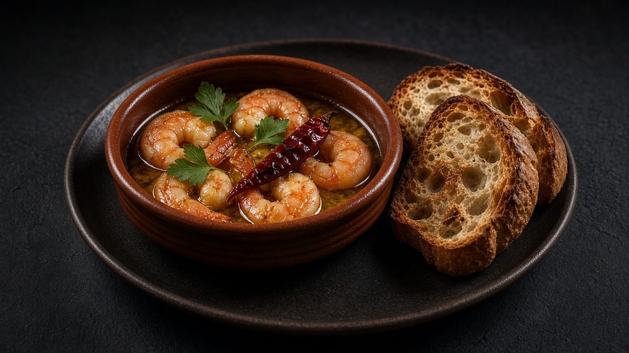 Garlic prawns in sizzling olive oil in a terracotta dish, with crusty bread.