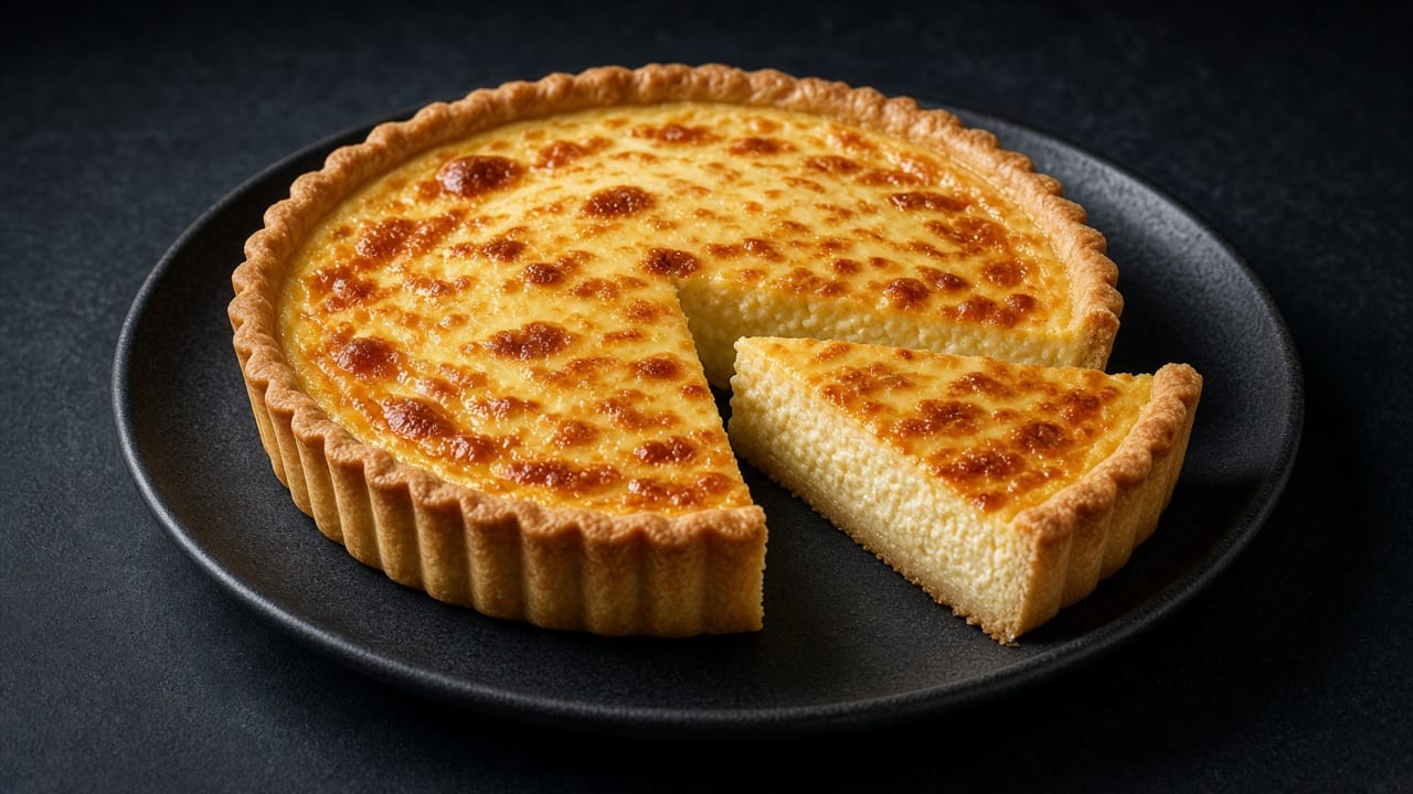 A whole golden cheese quiche in a fluted pastry case with one wedge cut out, on a dark plate.