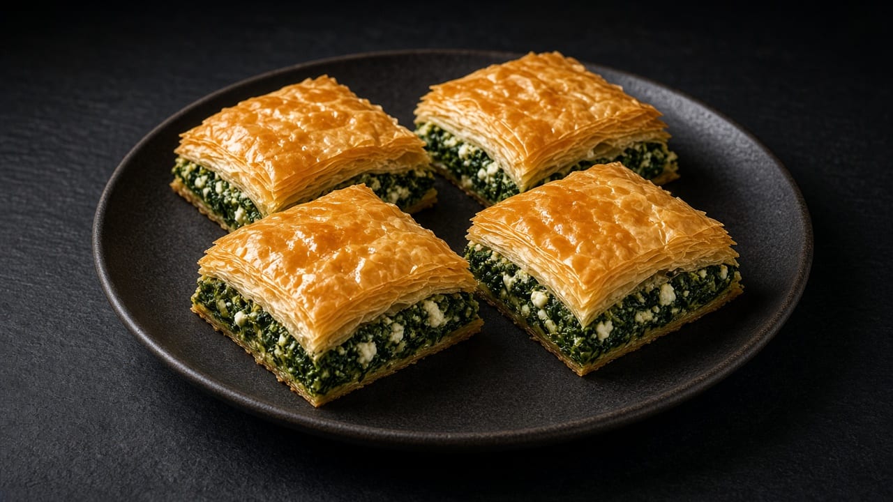 Four golden, flaky filo squares with a bright green spinach and feta layer on a dark plate.