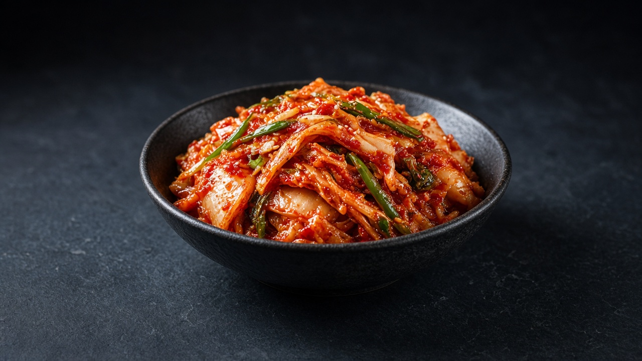 Bright red napa cabbage kimchi with pieces of spring onion in a small dark bowl.