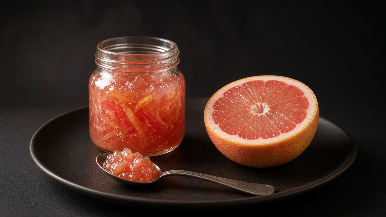 A jar of translucent pink grapefruit marmalade with fine peel shreds beside a halved pink grapefruit and a spoonful on a dark plate.
