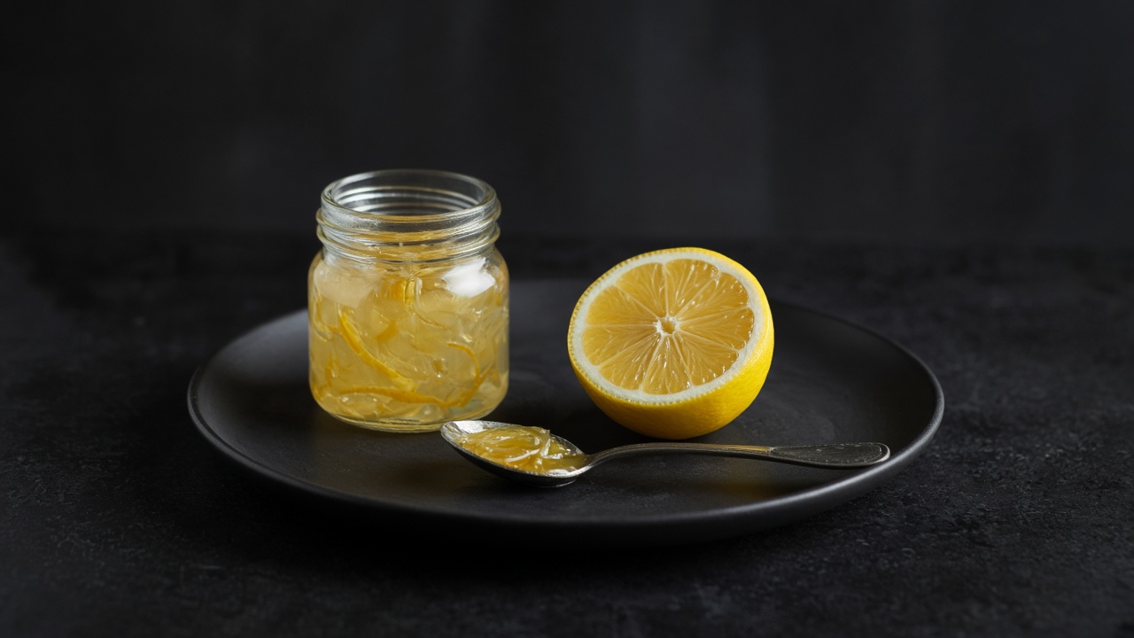 A small jar of clear pale golden lemon marmalade with fine shreds of peel, a halved lemon and a spoonful on a dark plate.