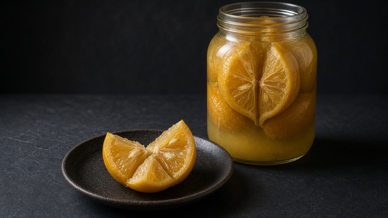 A glass jar packed with quartered preserved lemons in brine, two quarters on a small plate in front.