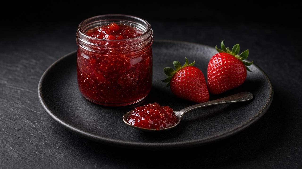 A glass jar of glossy red strawberry jam on a dark plate with a spoonful and two fresh strawberries.