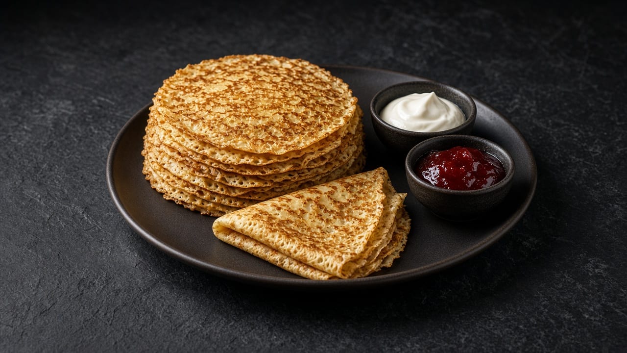 A stack of thin lacy blini with a folded blin, soured cream and red jam.