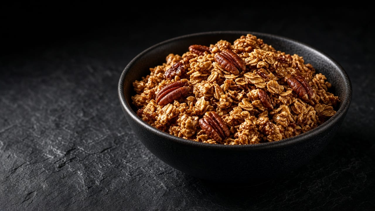 A bowl of golden oat and pecan granola clusters.