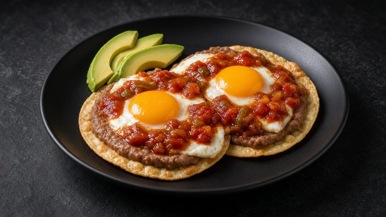 Corn tortillas spread with black beans, topped with fried eggs and tomato salsa, with sliced avocado on a dark plate.