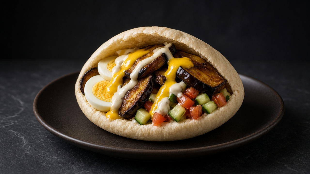 A stuffed pitta with fried aubergine, sliced boiled egg, chopped salad and tahini sauce.