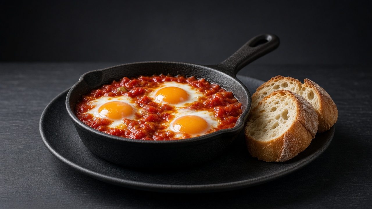 A small cast-iron pan of eggs baked in a red tomato and pepper sauce, served with slices of crusty bread.