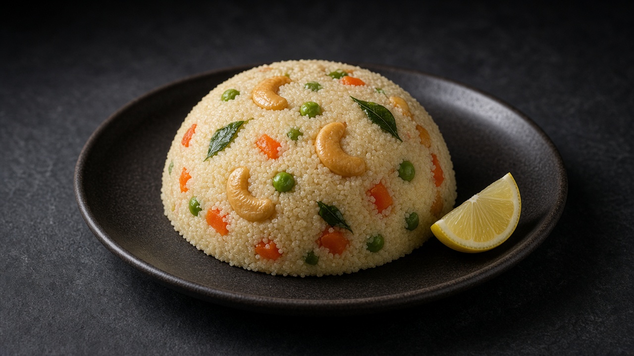 A dome of golden semolina upma flecked with peas and carrot, with a lemon wedge.