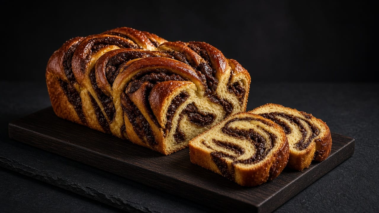 A twisted chocolate babka loaf on a dark board with slices cut to show the dark chocolate swirls.