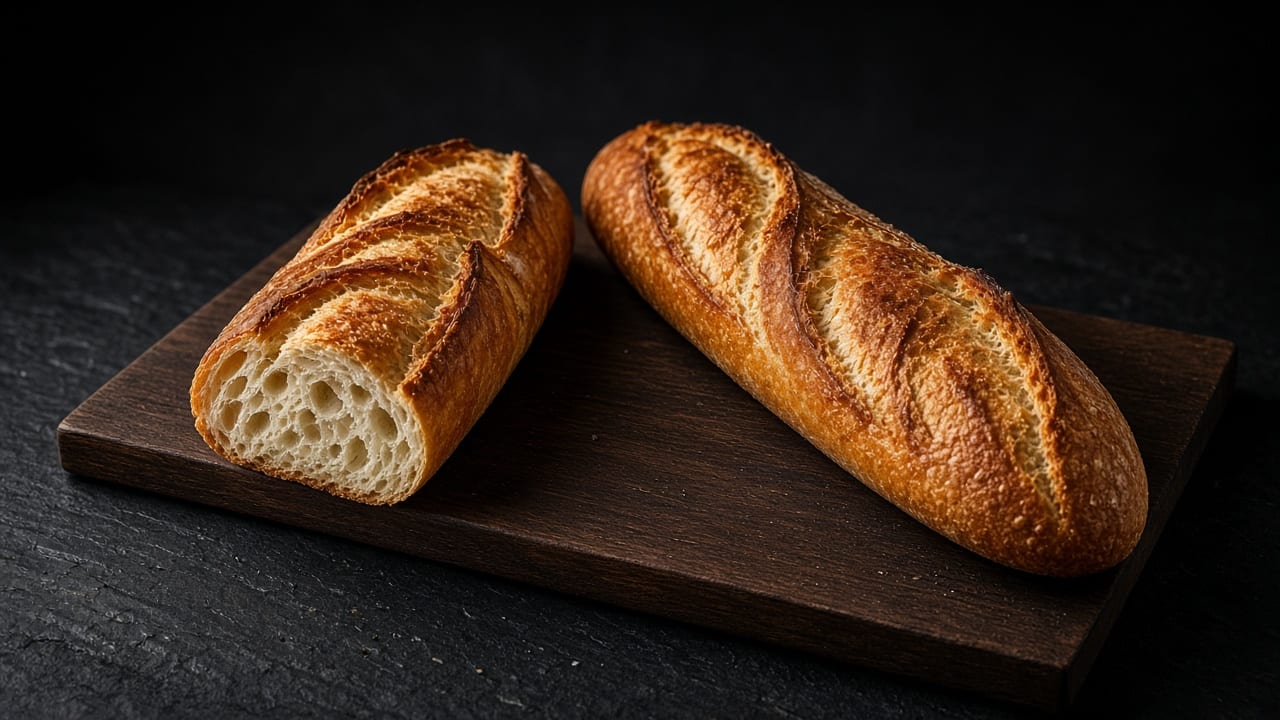 Two golden baguettes with open scored ears on a dark board, one broken open to show an airy crumb.
