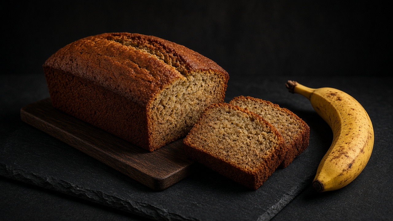 A loaf of banana bread with two thick slices cut, beside a ripe banana on a dark slate board.