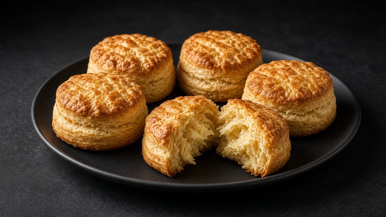 Tall, flaky buttermilk biscuits on a dark plate, one pulled apart.