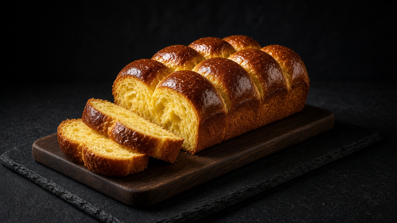 A glossy golden brioche loaf baked as a row of domes on a dark board, with thick yellow slices cut from one end.