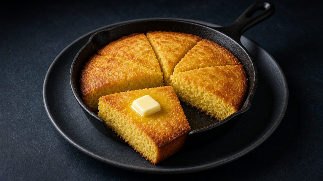 Golden cornbread in a cast-iron skillet, with a wedge topped with butter.