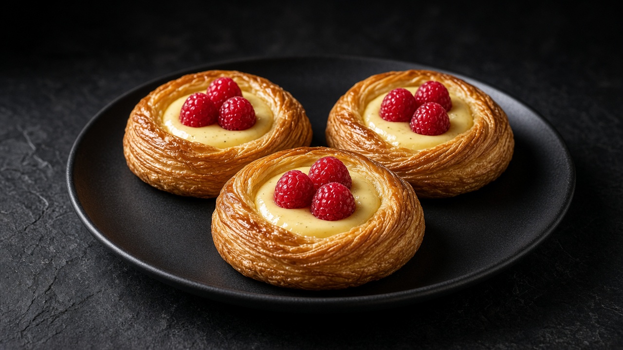 A golden, twisted Danish pastry coil on a plate, its centre filled with creamy baked cheese and three glossy fresh raspberries.