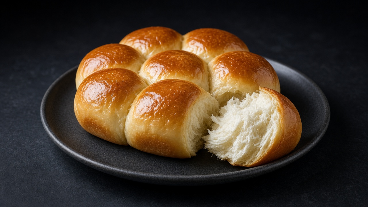 A round of golden pull-apart dinner rolls, one torn open to show the soft white crumb.