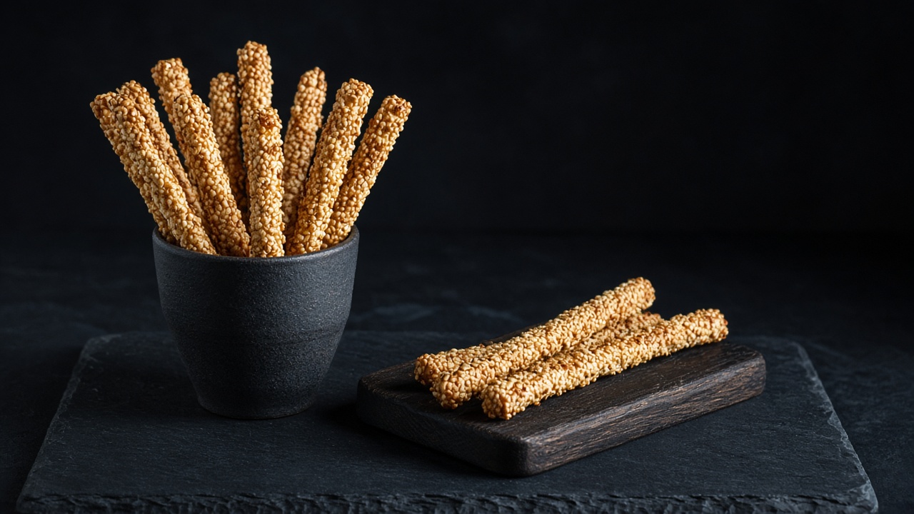Sesame-coated grissini standing in a glass, with two more on a small board.