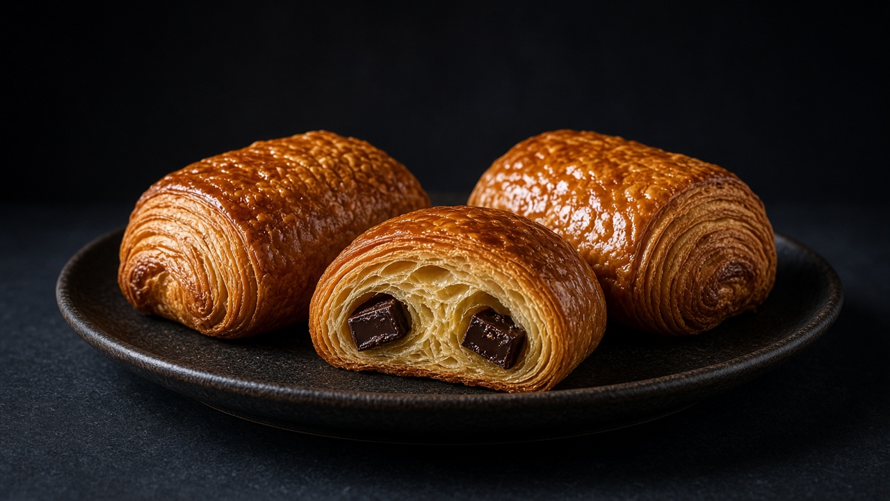 Three flaky pains au chocolat on a dark plate, one cut to show two dark chocolate batons inside.