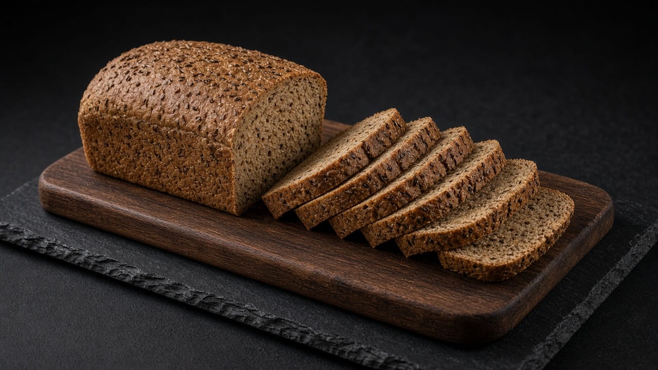 A light brown rye tin loaf flecked with caraway, sliced on a board.