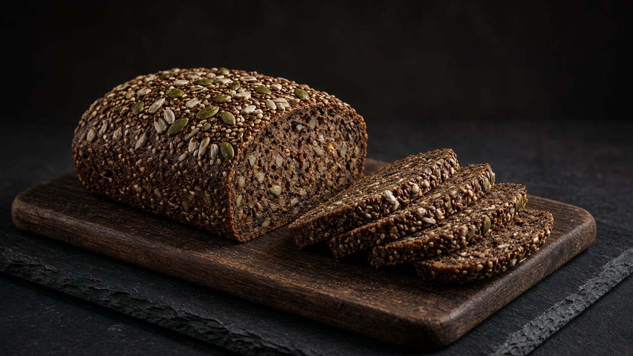 A dark dense rye loaf crusted with seeds, cut into thin slices.