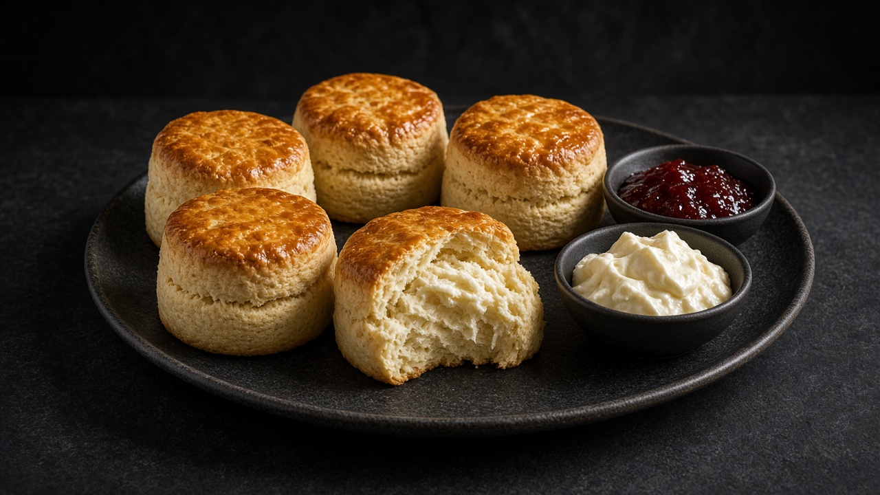 Risen golden scones on a plate with small bowls of jam and clotted cream.