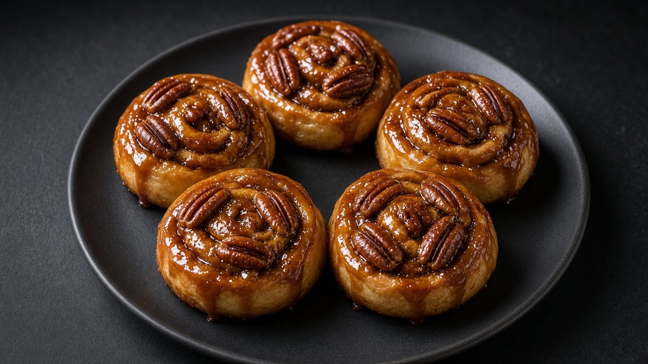 Six glossy sticky buns spiralled with caramel and topped with pecan halves.