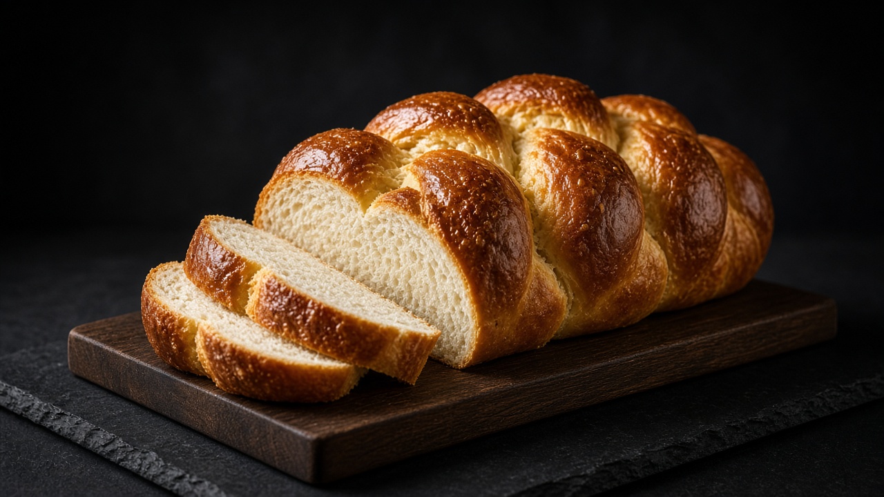 A glossy golden three-strand braided loaf with slices cut on a board.