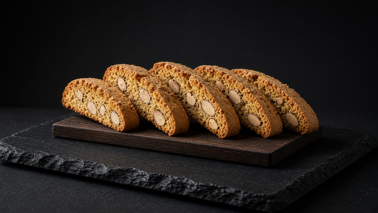 Sliced almond biscotti lined up on a dark wooden board on slate.