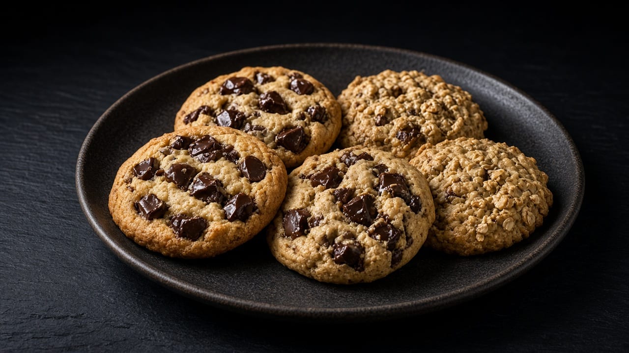 A plate of chunky chocolate chip cookies and oat cookies with golden edges.