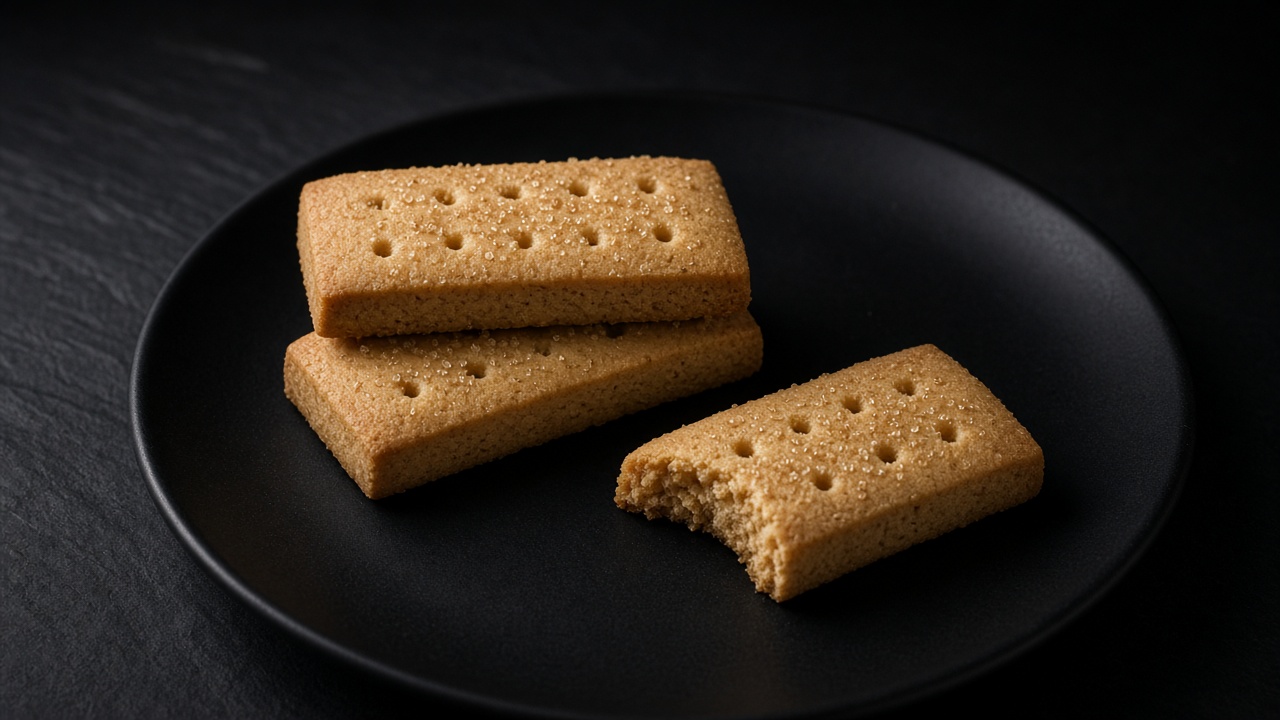 Light golden brown-sugar shortbread fingers with docked tops on a black plate against a dark background.