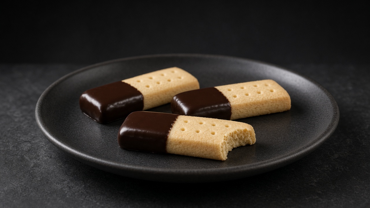 Shortbread fingers with one end dipped in dark chocolate on a black plate against a dark background.