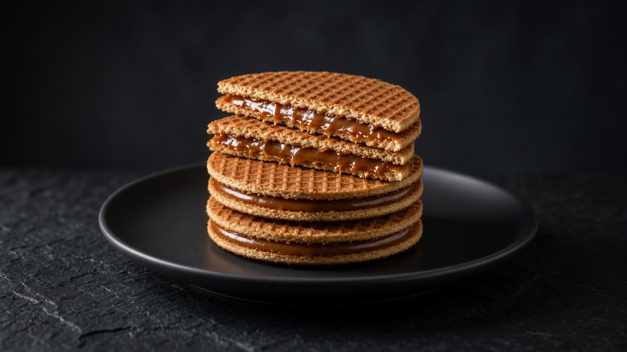 A tall stack of golden stroopwafels with caramel filling on a black plate against a dark background.
