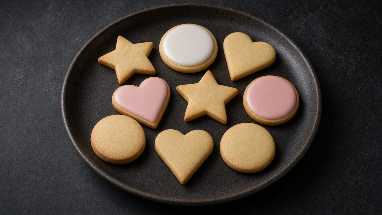 Star, heart and round cut-out sugar cookies, some iced pink and white, on a black plate against a dark background.