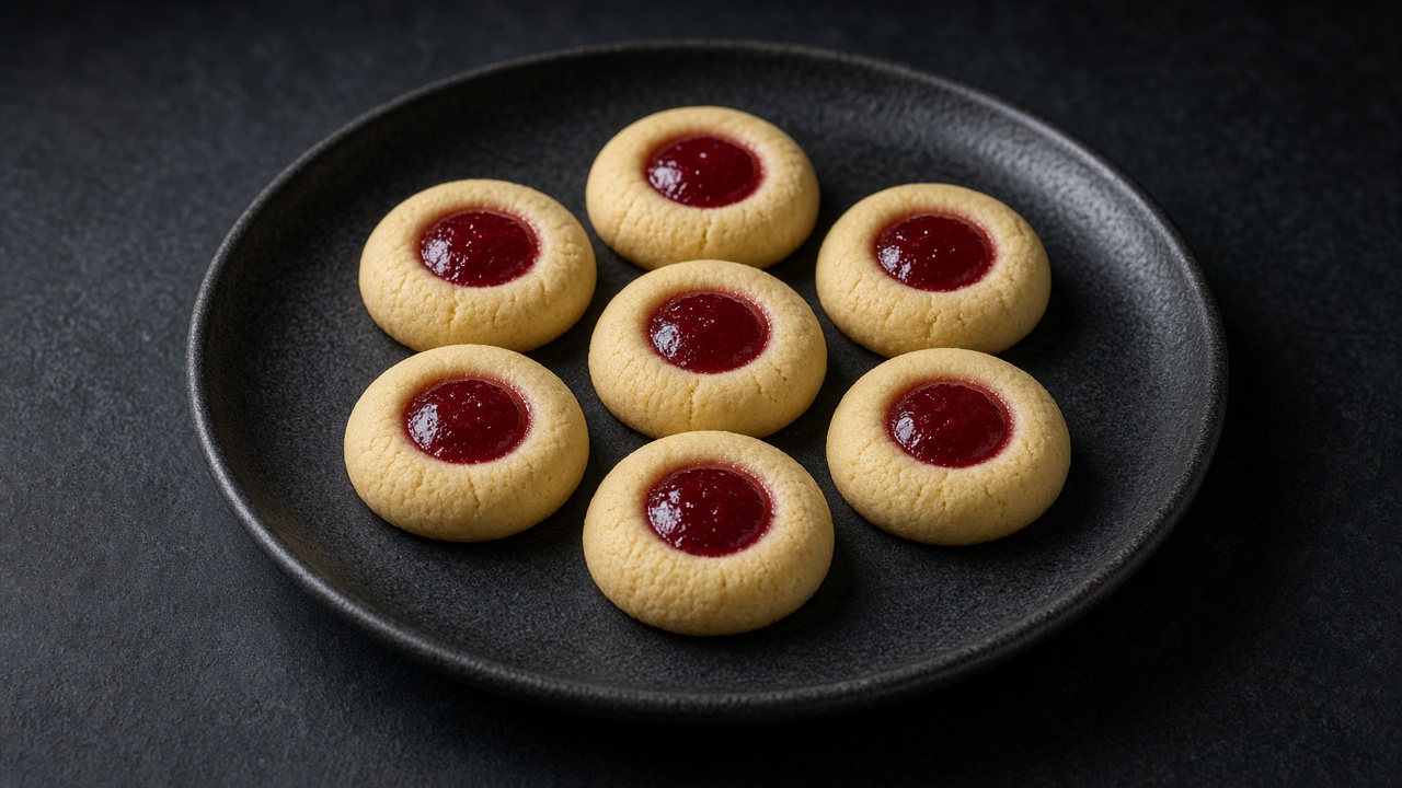 Round thumbprint cookies with glossy red jam centres on a black plate against a dark background.