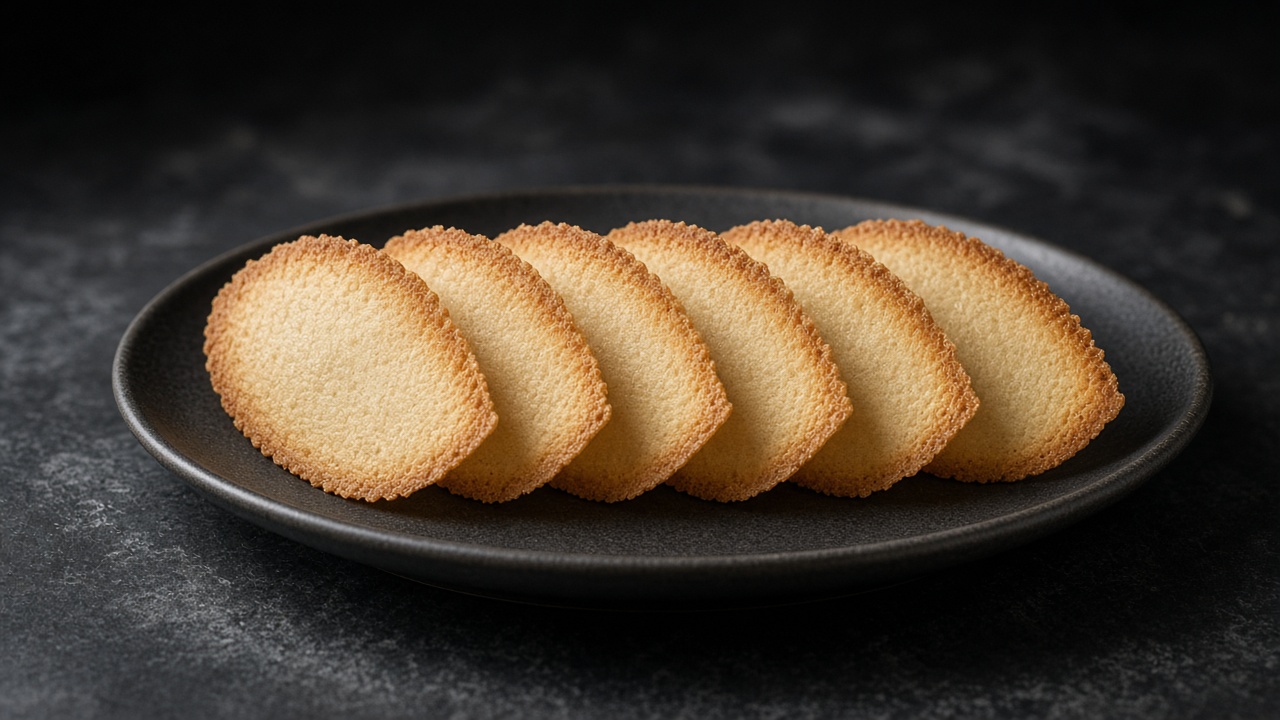A row of thin, golden almond tuiles on a black plate against a dark background.