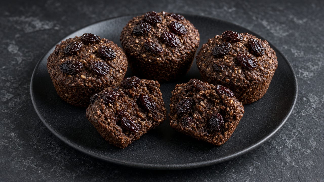 Dark bran muffins studded with plump raisins.
