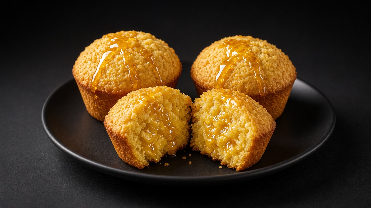 Golden corn muffins with glossy honey-glazed tops, one split open.