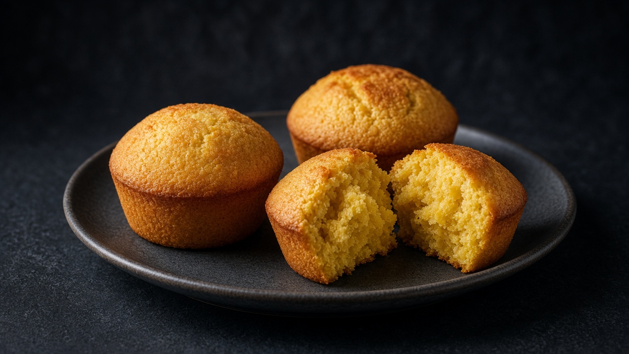 Golden domed corn muffins on a dark plate, one split open to show the tender yellow crumb.