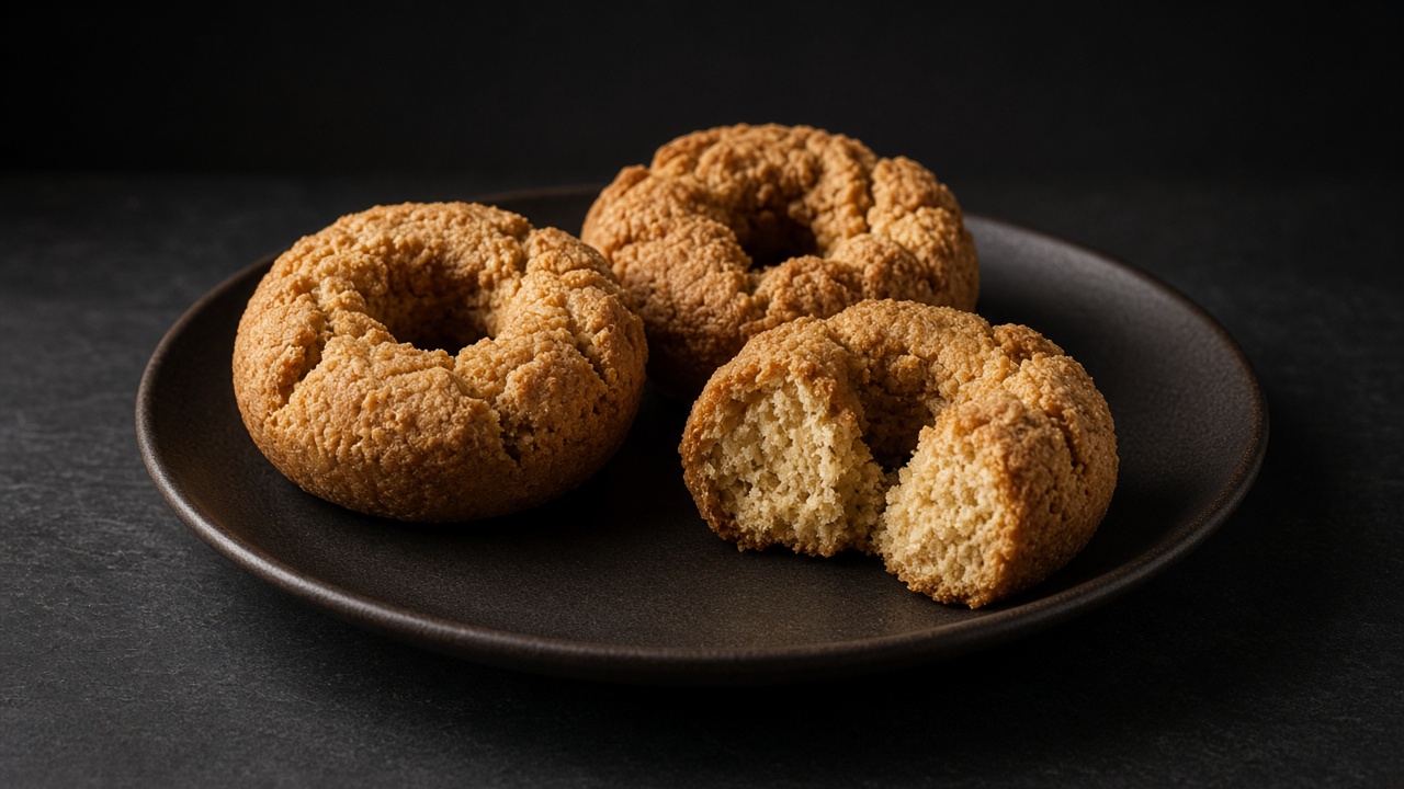 Cinnamon-sugar coated cake doughnuts on a dark plate, one broken to show the dense, tender crumb.