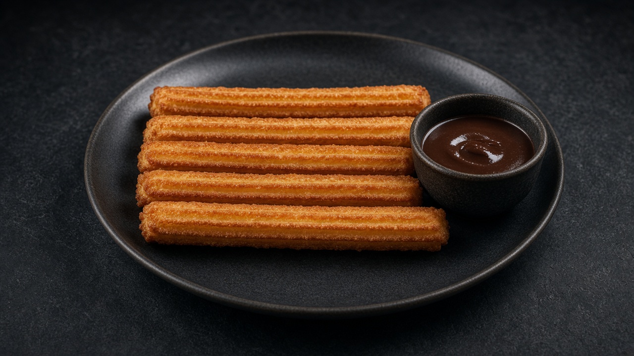 Long ridged golden churros on a dark plate beside a small bowl of glossy dark chocolate sauce.