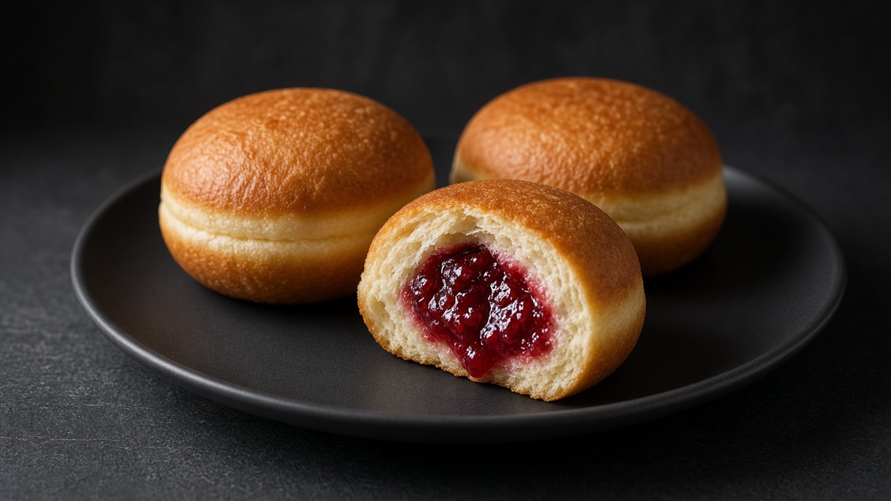 Golden filled doughnuts on a dark plate, one cut open to reveal a red raspberry jam centre.