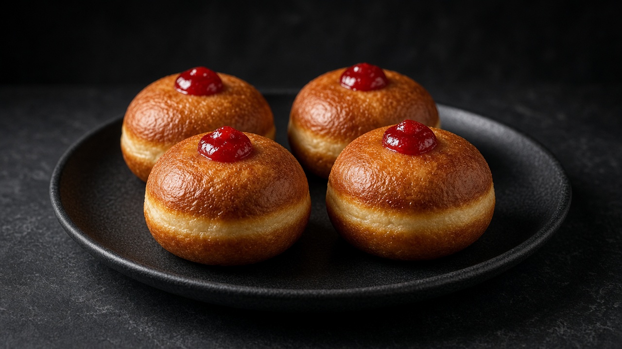 Golden filled doughnuts topped with a small dome of red jam.