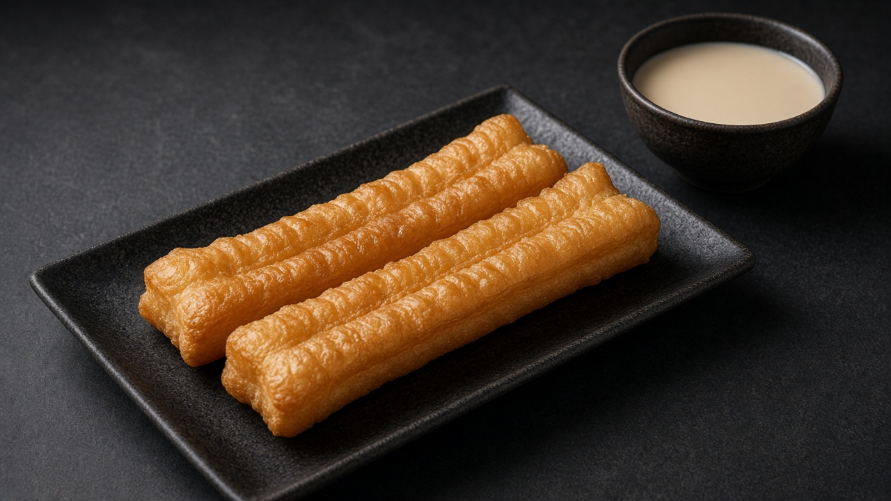 Golden twin youtiao dough sticks on a tray beside a bowl of warm soy milk.