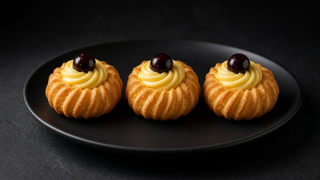 Golden choux zeppole with a swirl of yellow pastry cream and a dark cherry on top.