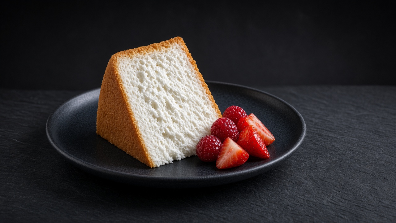 A tall slice of white angel food cake with a golden crust and fresh strawberries on a black plate on dark slate.