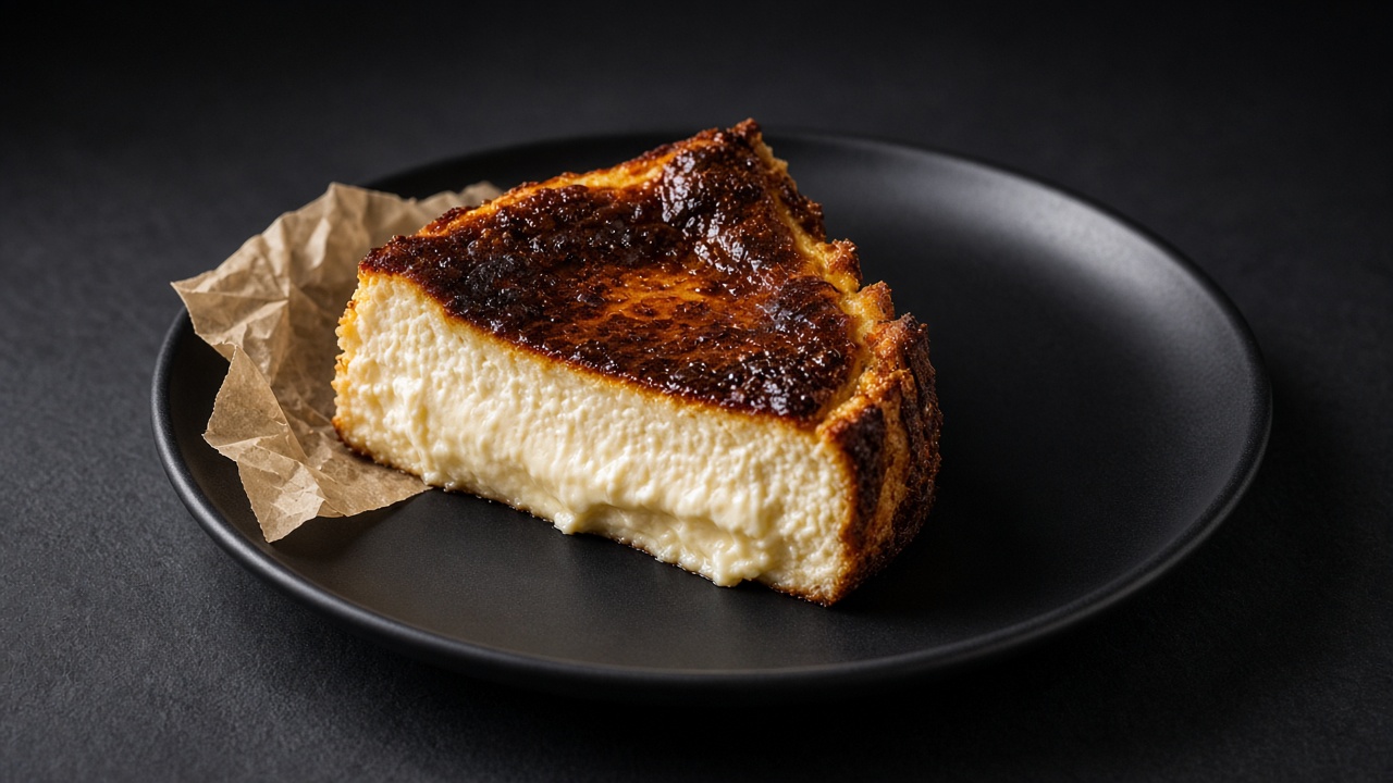 A wedge of cheesecake with a deeply caramelised, almost black top and creamy centre, with crumpled baking paper on a black plate on dark slate.