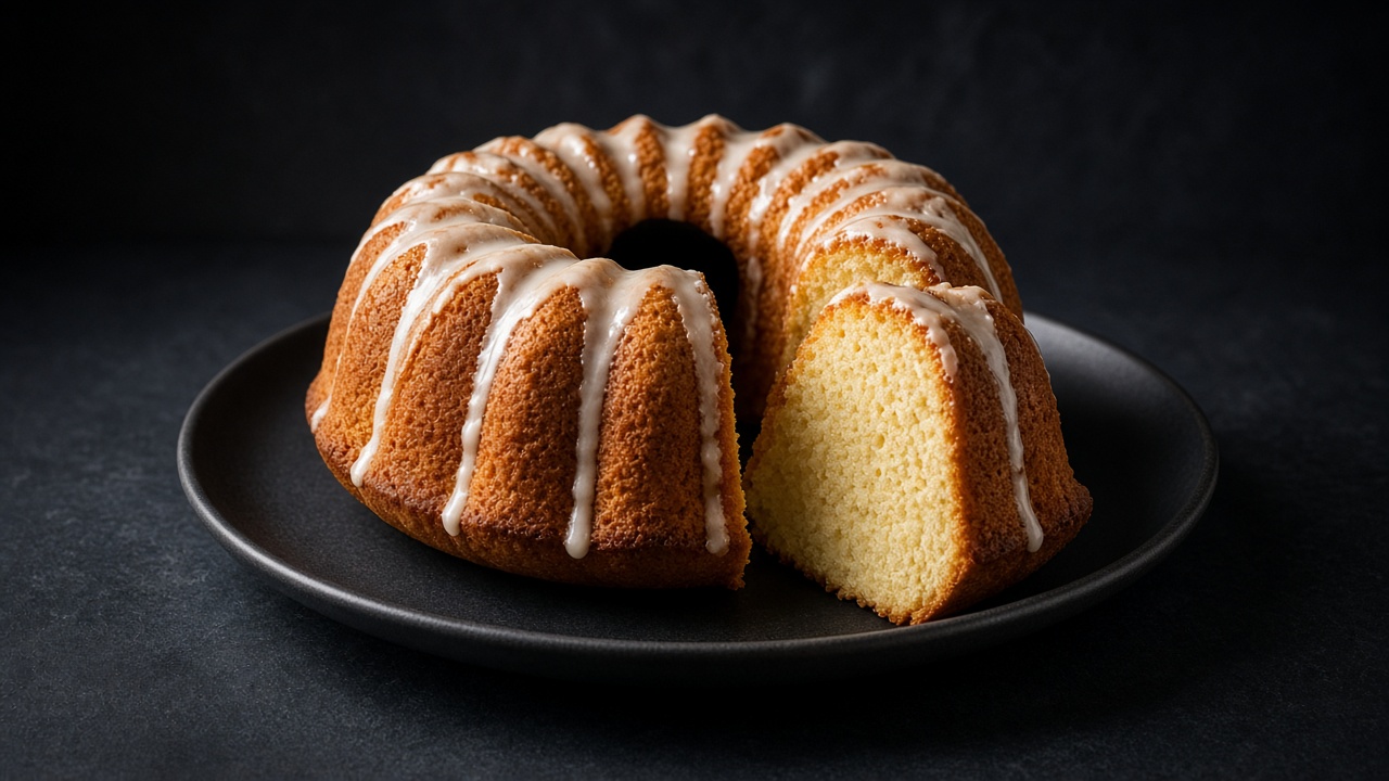 A golden vanilla Bundt cake with white glaze running down the ridges and a slice cut on a black plate on dark slate.